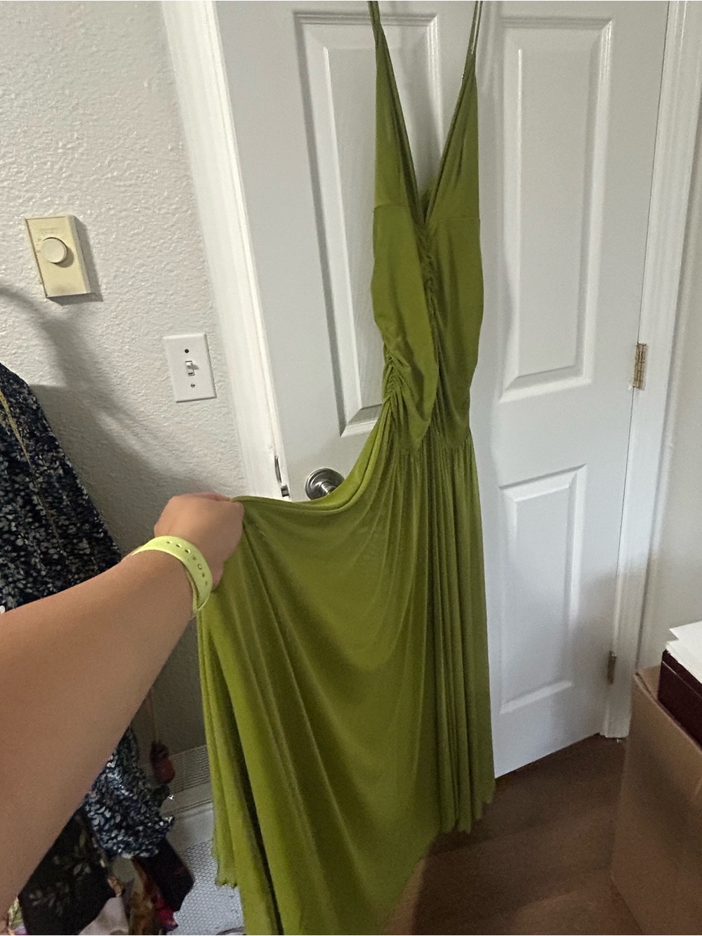 Olive Green V-Neck Maxi Dress - Women's Elegant Evening Dress